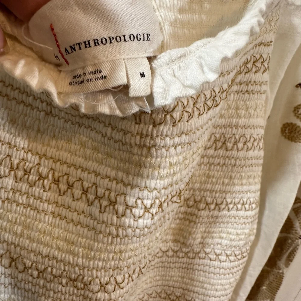 Anthropologie white Womens blouse, with tan embroidery and small brown sequins - Picture 6 of 9